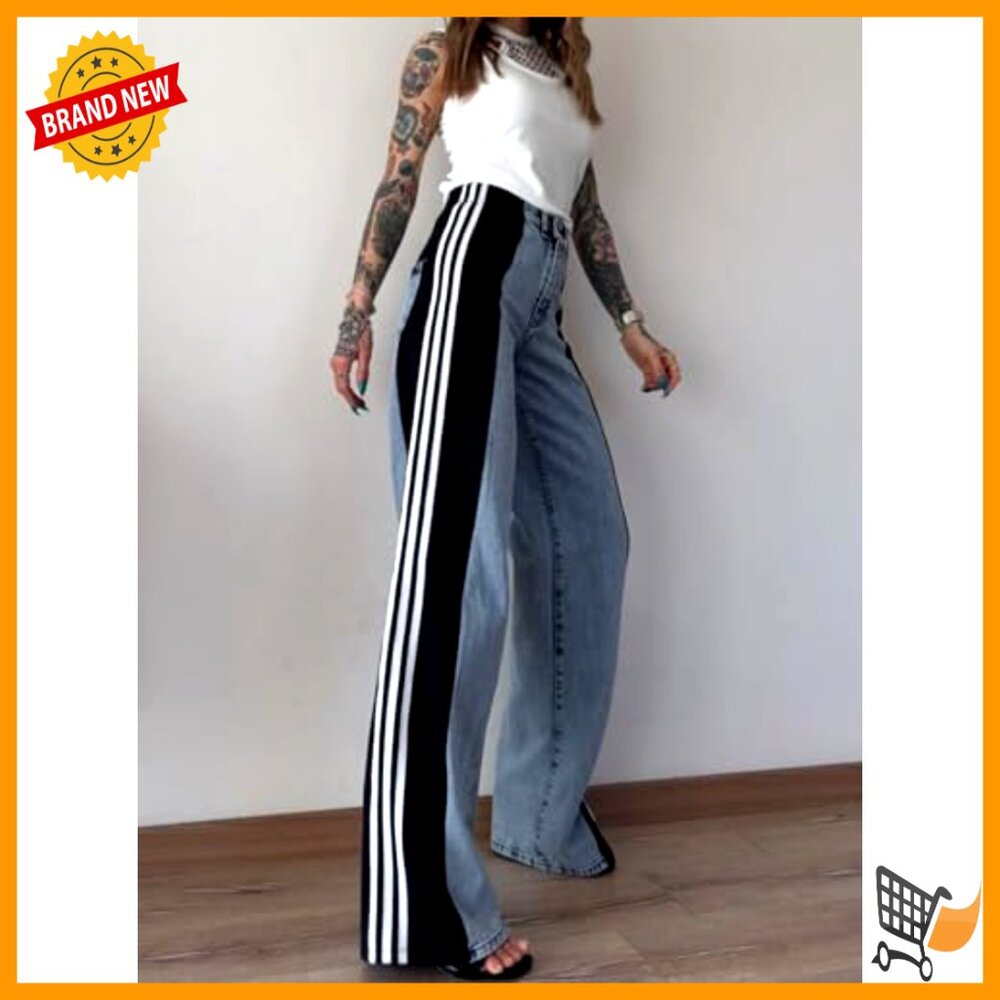 High Waisted Stretchy Denim Patchwork Stripes Str… - image 5